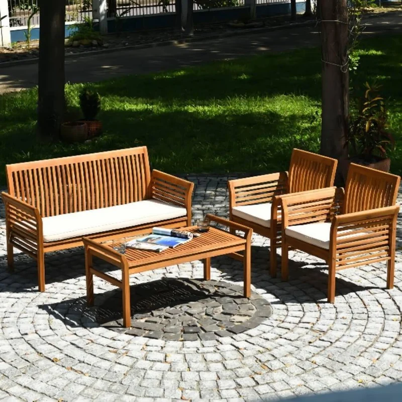 Brown 4-Piece Wood Outdoor Patio Conversation Set with Beige Cushions