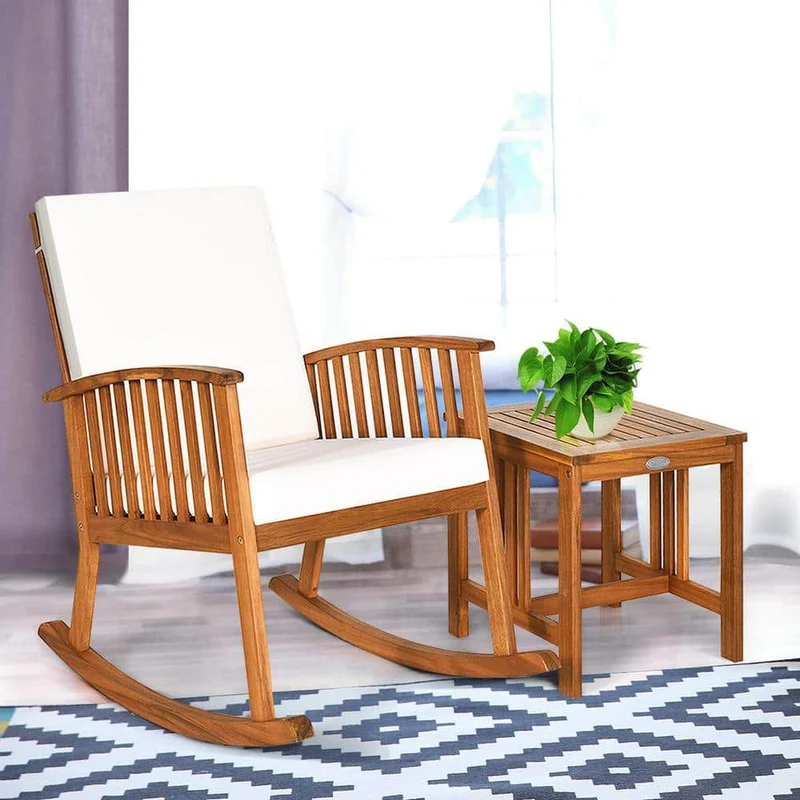 Brown Wood Outdoor Rocking Chair Set with Beige Cushions and Table