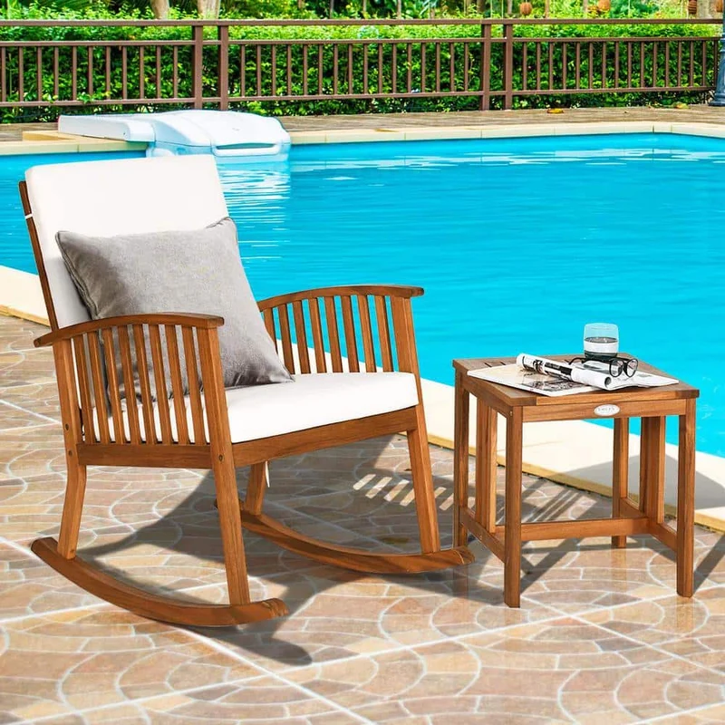 Brown Wood Outdoor Rocking Chair Set with Beige Cushions and Table