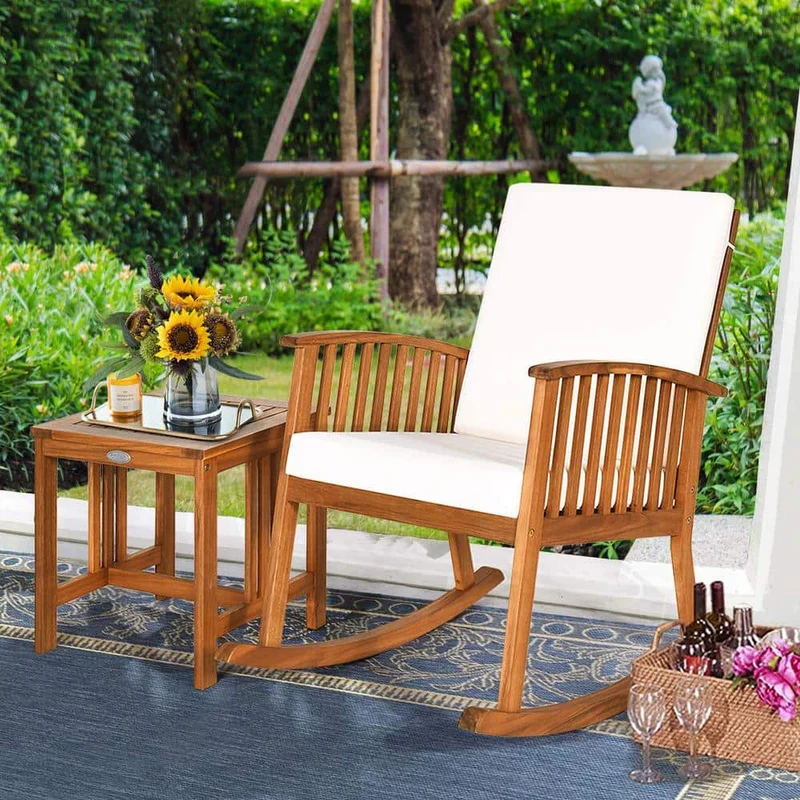 Brown Wood Outdoor Rocking Chair Set with Beige Cushions and Table