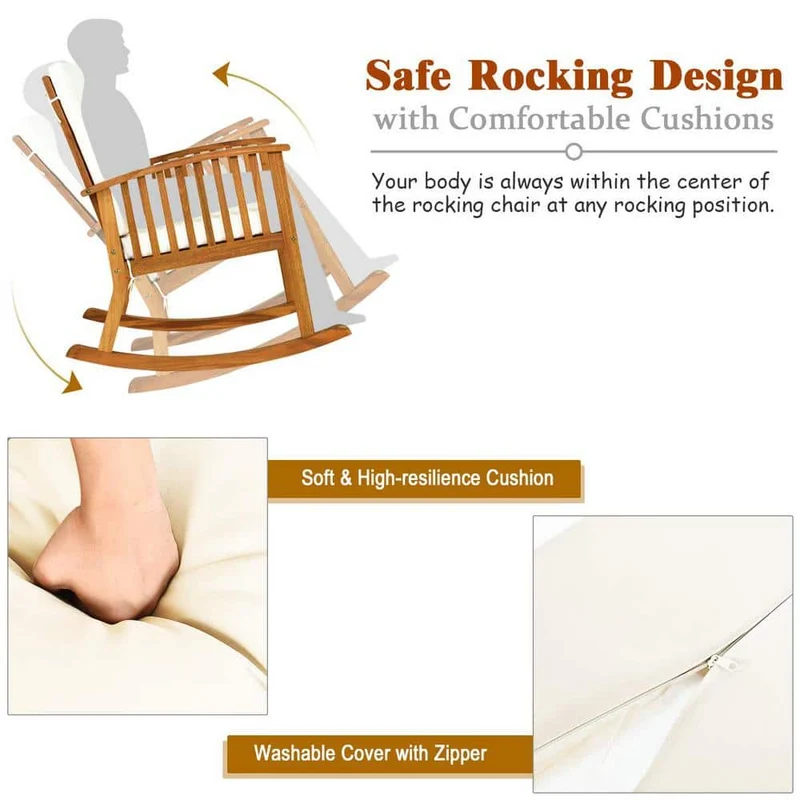Brown Wood Outdoor Rocking Chair Set with Beige Cushions and Table