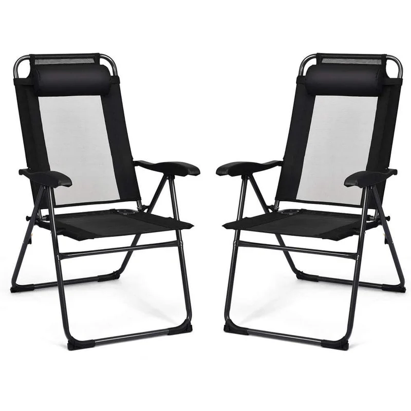 Black Metal Portable Folding Outdoor Recliner with 7 Level Adjustable Backrest (2-Pack)