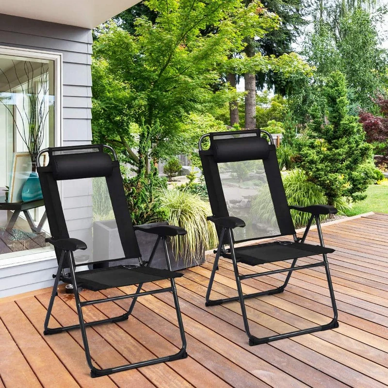 Black Metal Portable Folding Outdoor Recliner with 7 Level Adjustable Backrest (2-Pack)