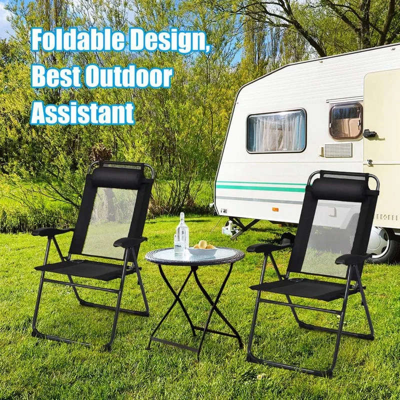 Black Metal Portable Folding Outdoor Recliner with 7 Level Adjustable Backrest (2-Pack)