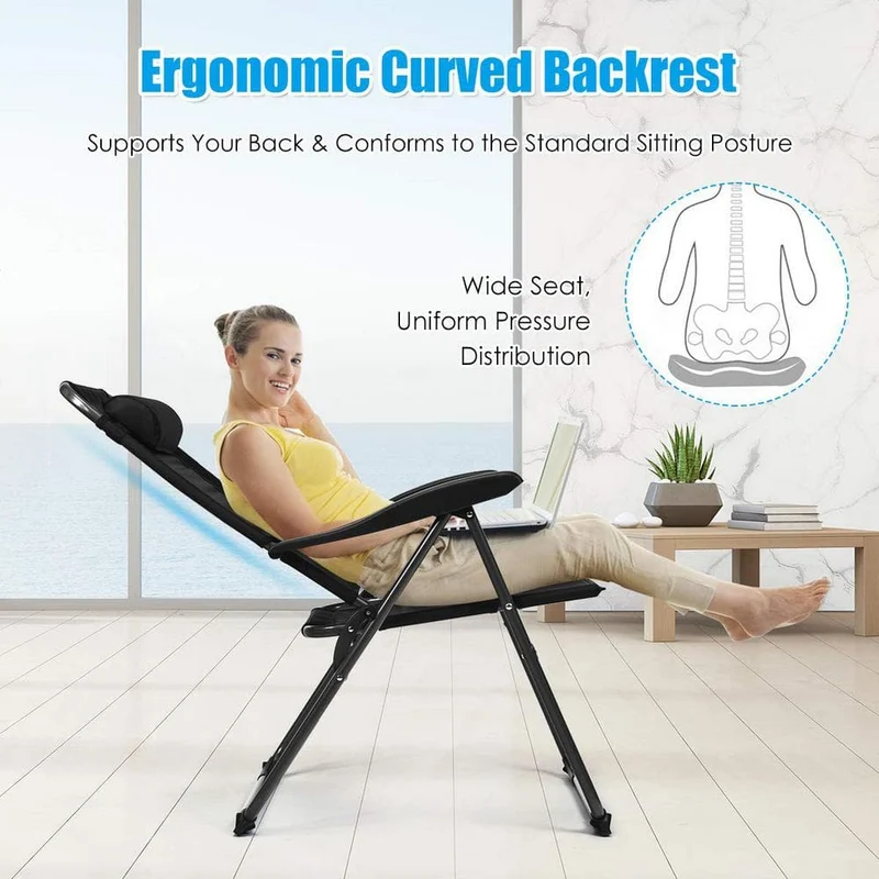 Black Metal Portable Folding Outdoor Recliner with 7 Level Adjustable Backrest (2-Pack)
