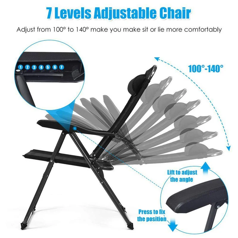 Black Metal Portable Folding Outdoor Recliner with 7 Level Adjustable Backrest (2-Pack)
