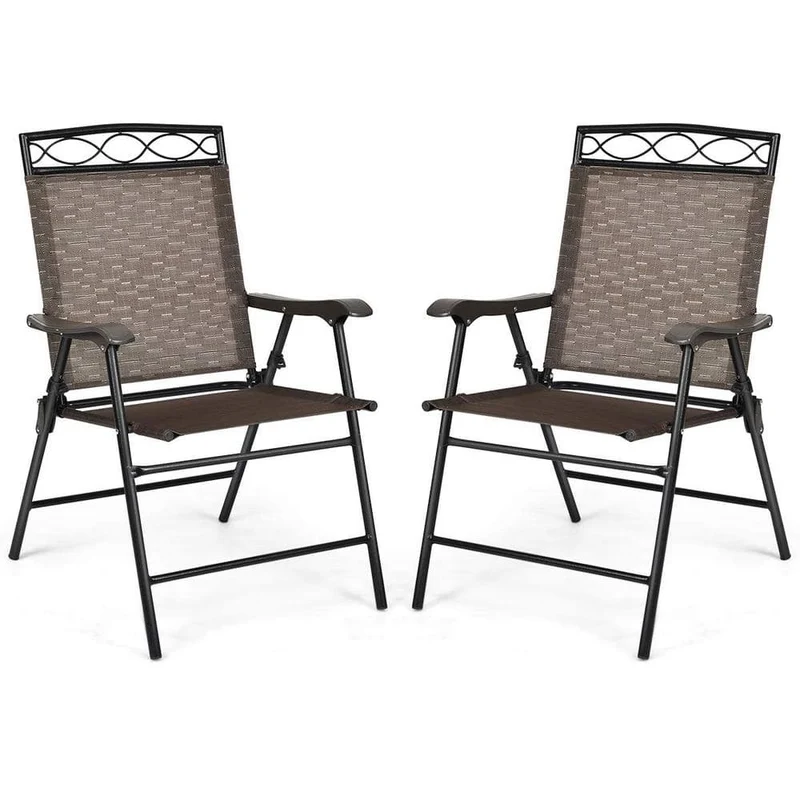Brown Metal Folding Lawn Chair with Armrest (Set of 2)