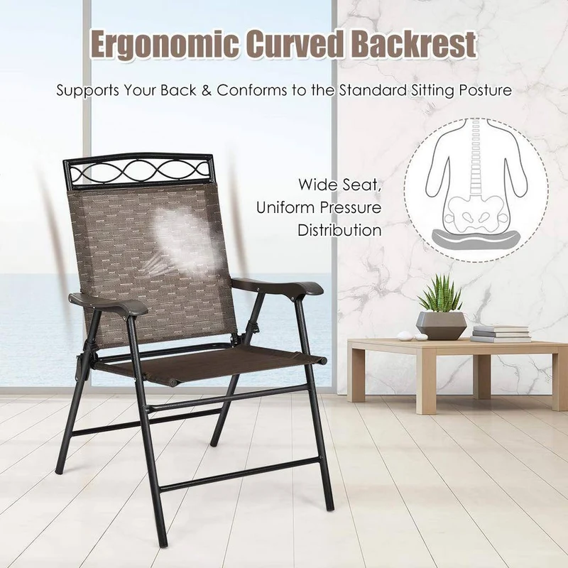 Brown Metal Folding Lawn Chair with Armrest (Set of 2)