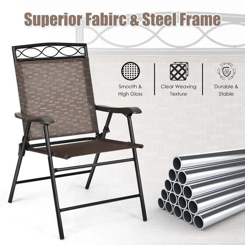 Brown Metal Folding Lawn Chair with Armrest (Set of 2)