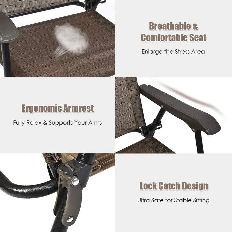Brown Metal Folding Lawn Chair with Armrest (Set of 2)