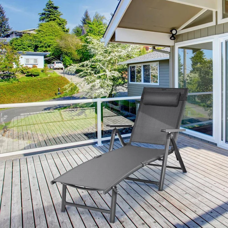 Aluminum Outdoor Chaise Lounge Chair Adjustable Folding Recliner with 7 Backrest Positions in Black