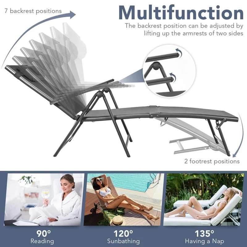 Aluminum Outdoor Chaise Lounge Chair Adjustable Folding Recliner with 7 Backrest Positions in Black