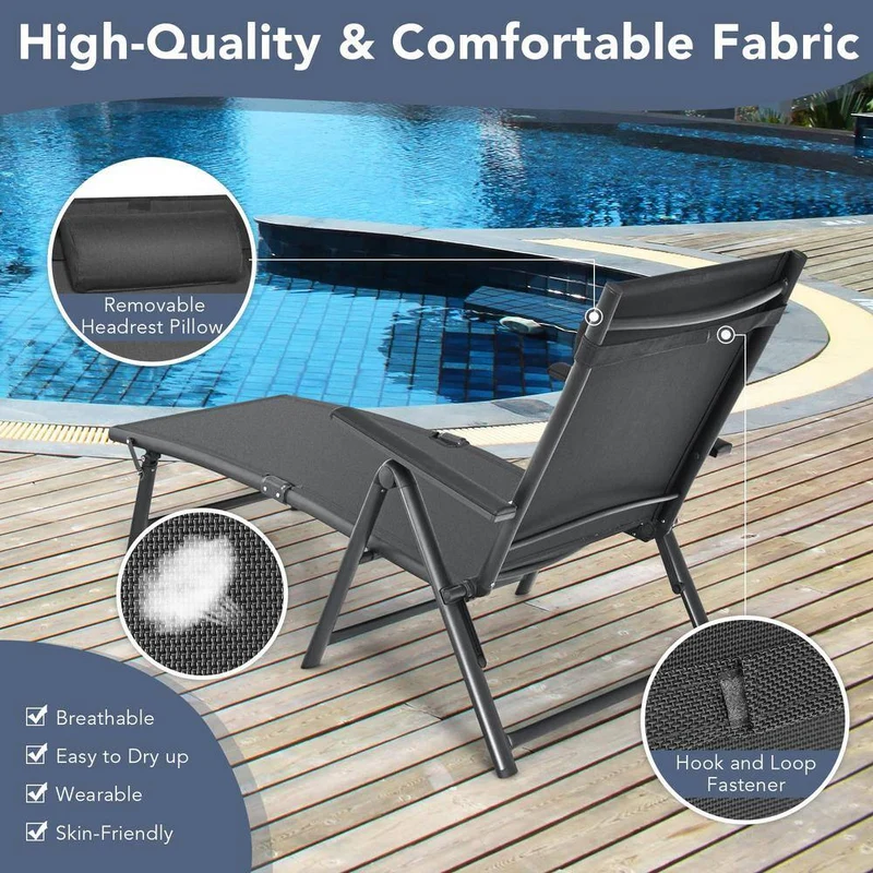 Aluminum Outdoor Chaise Lounge Chair Adjustable Folding Recliner with 7 Backrest Positions in Black