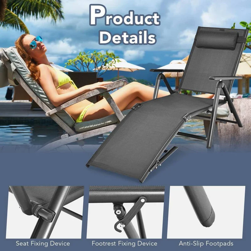 Aluminum Outdoor Chaise Lounge Chair Adjustable Folding Recliner with 7 Backrest Positions in Black