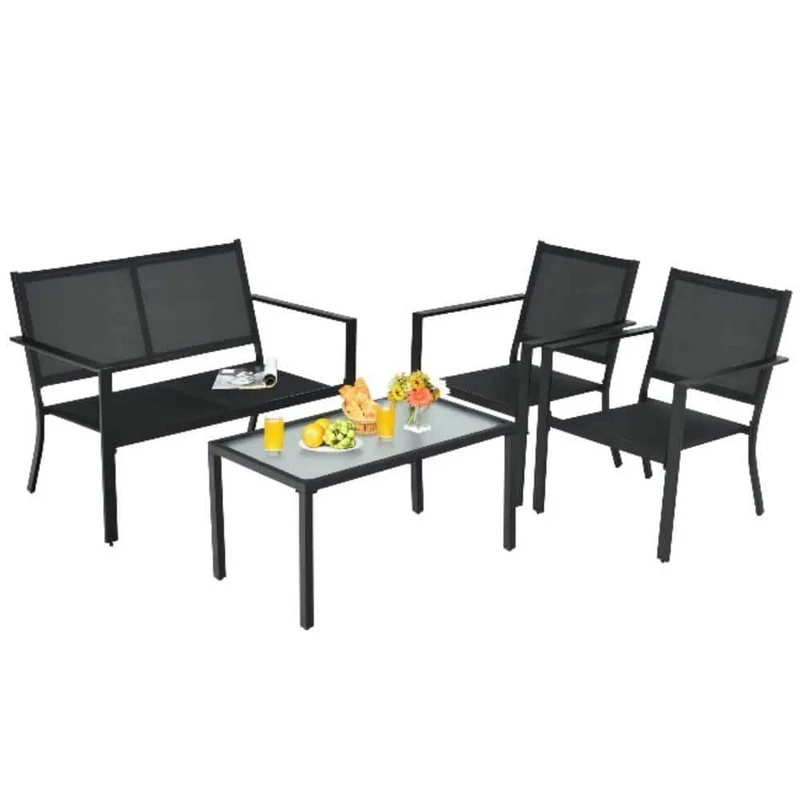 Black 4-Piece Metal Patio Conversation Set with Breathable Textilene Fabric
