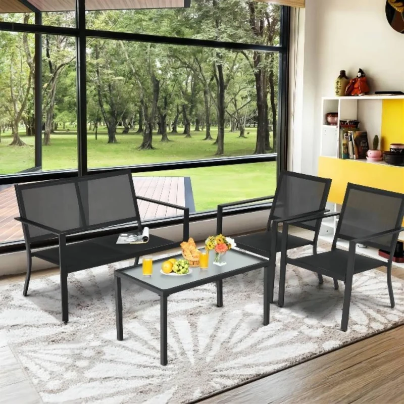 Black 4-Piece Metal Patio Conversation Set with Breathable Textilene Fabric
