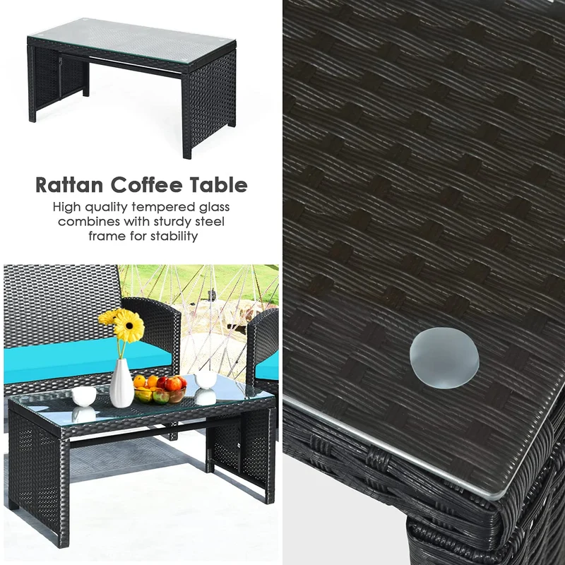 Black 4-Piece Wicker Patio Conversation Set with Turquoise Cushions