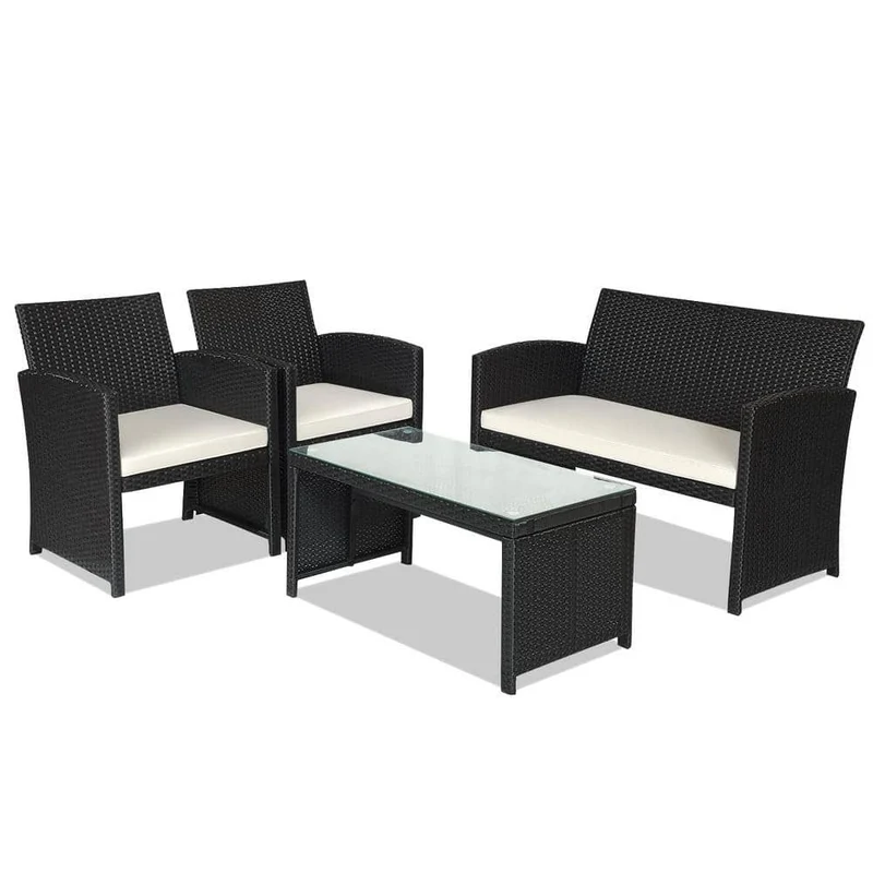 4-Piece Black Wicker Patio Conversation Set with Beige Cushions