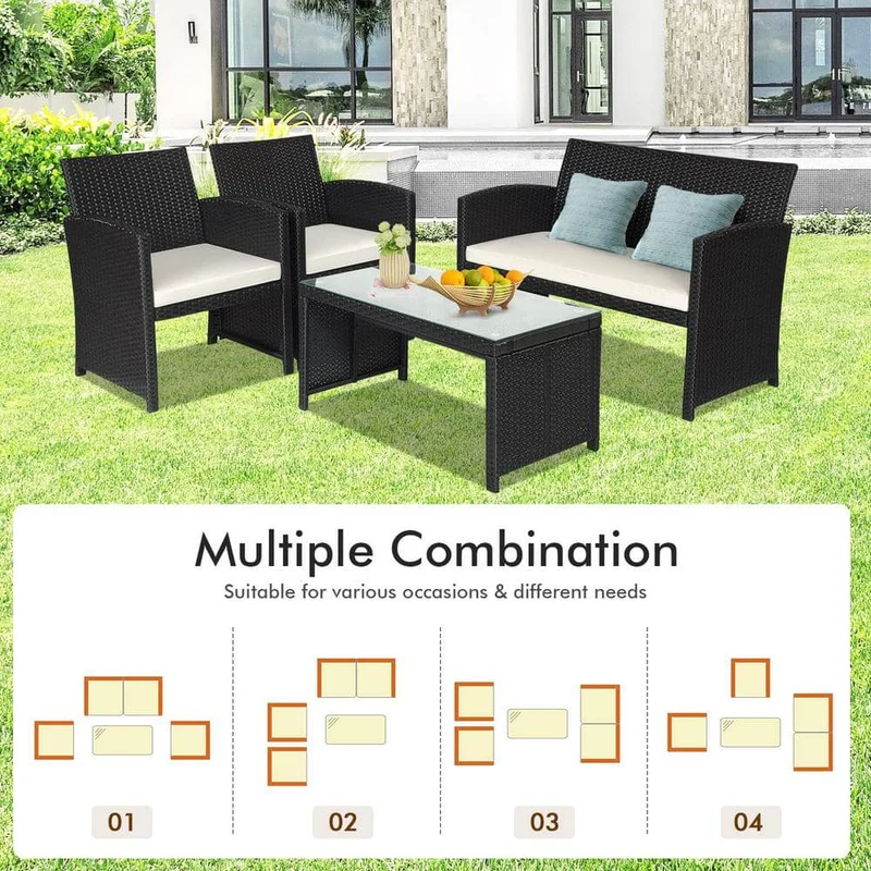 4-Piece Black Wicker Patio Conversation Set with Beige Cushions