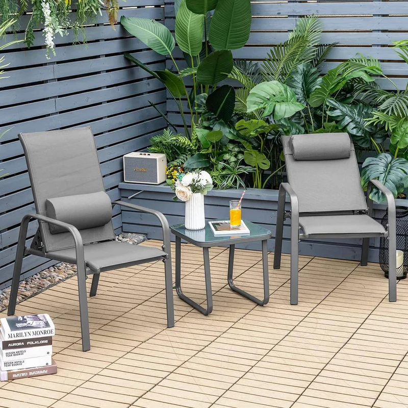 Gray 3-Piece Metal Outdoor Bistro Set with Adjustable Backrest and Gray Pillows