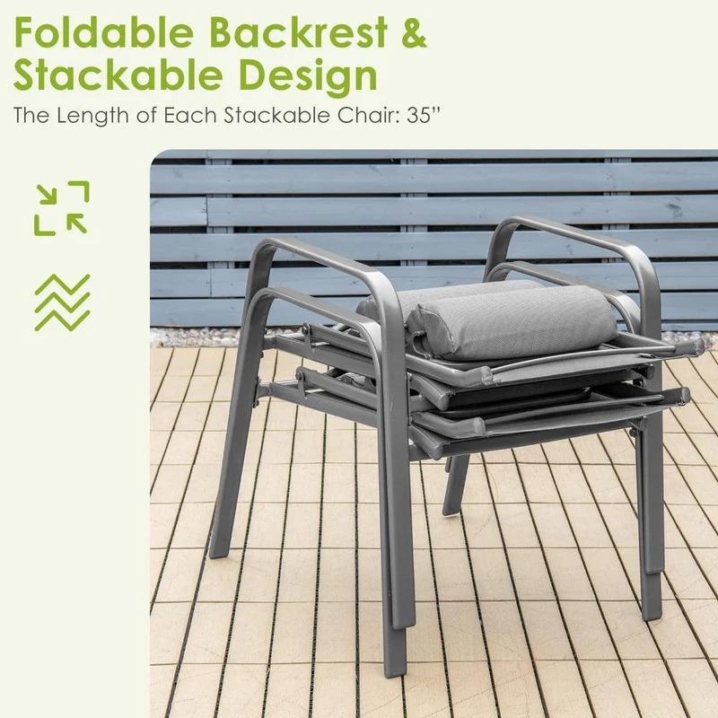 Gray 3-Piece Metal Outdoor Bistro Set with Adjustable Backrest and Gray Pillows