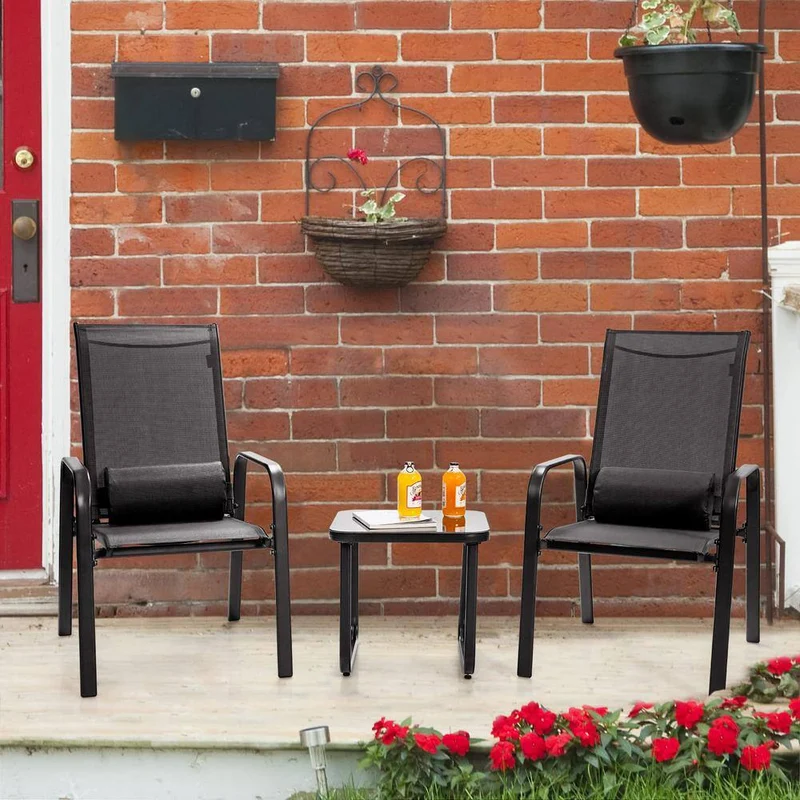 Black 3-Piece Metal Outdoor Bistro Set with Adjustable Backrest and Black Pillows