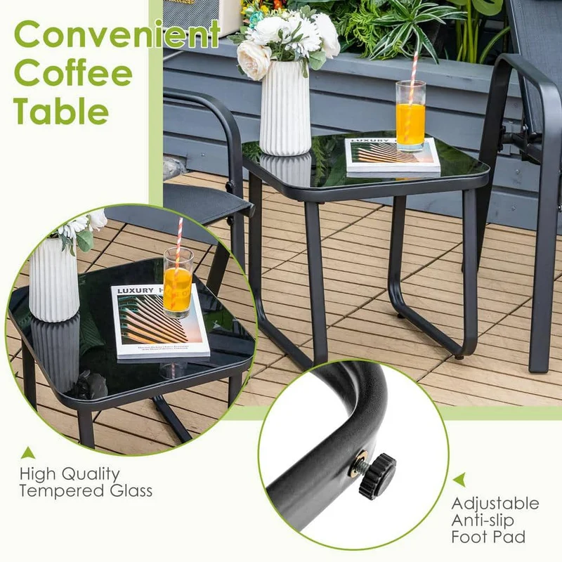 Black 3-Piece Metal Outdoor Bistro Set with Adjustable Backrest and Black Pillows