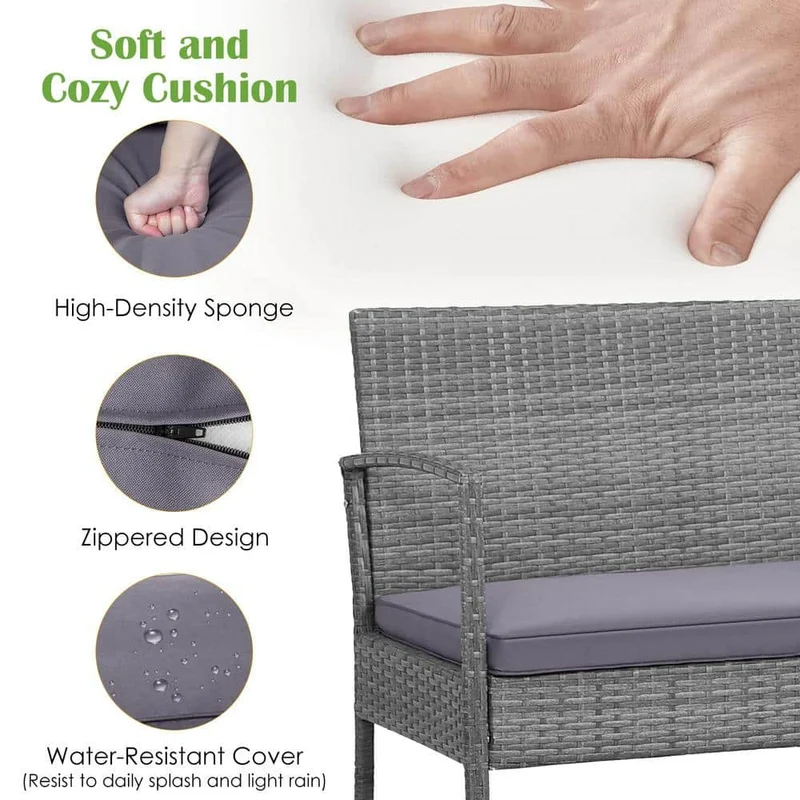 Gray 4-Piece Wicker Patio Conversation Set with Square Table and Gray Cushions