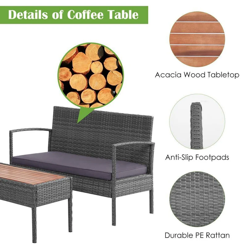 Gray 4-Piece Wicker Patio Conversation Set with Square Table and Gray Cushions