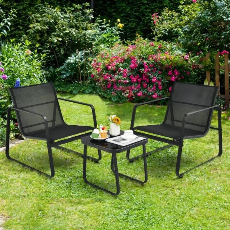 Black 3-Piece Metal Outdoor Bistro Set with Glass Top Table