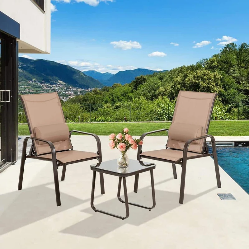 Brown 3-Piece Metal Outdoor Bistro Set with Adjustable Backrest and Coffee Pillows