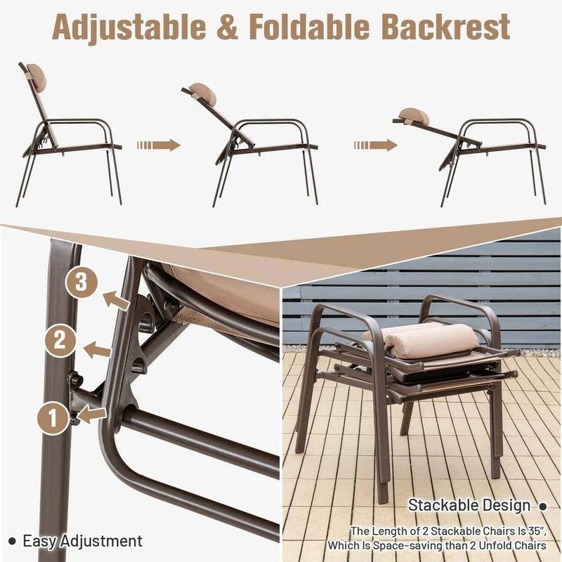 Brown 3-Piece Metal Outdoor Bistro Set with Adjustable Backrest and Coffee Pillows