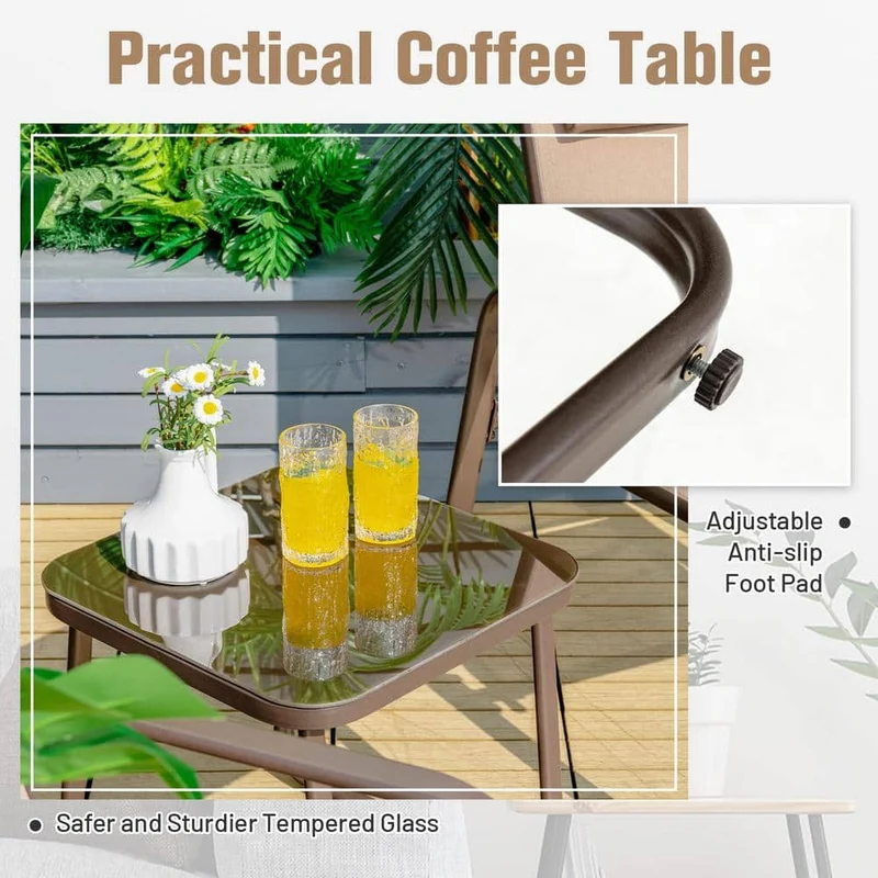Brown 3-Piece Metal Outdoor Bistro Set with Adjustable Backrest and Coffee Pillows