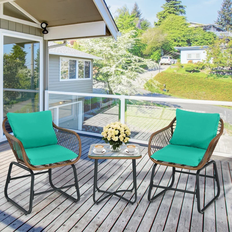 Brown 3-Piece Wicker Outdoor Bistro Set with Turquoise Cushions