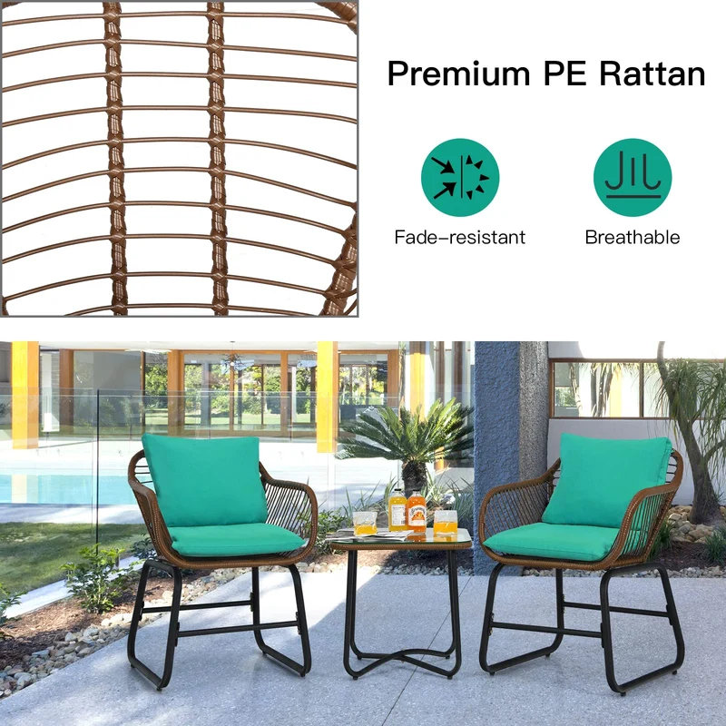 Brown 3-Piece Wicker Outdoor Bistro Set with Turquoise Cushions