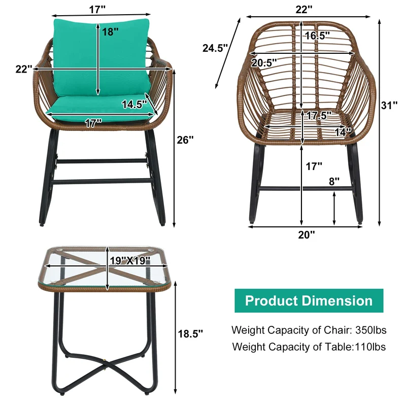 Brown 3-Piece Wicker Outdoor Bistro Set with Turquoise Cushions