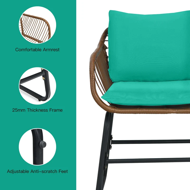 Brown 3-Piece Wicker Outdoor Bistro Set with Turquoise Cushions