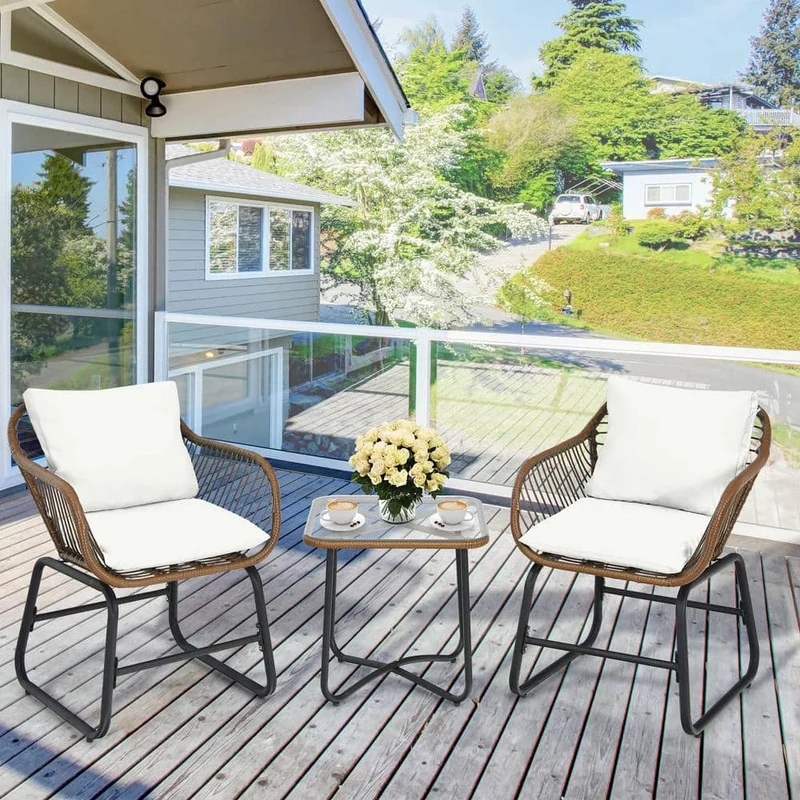 Brown 3-Piece Wicker Outdoor Bistro Set with White Cushions