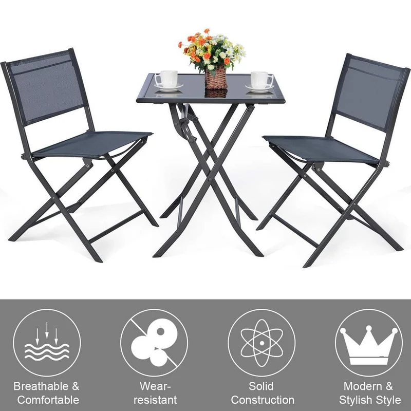 Dark Gray 3-Piece Metal Outdoor Patio Bistro Set with Coffee Table