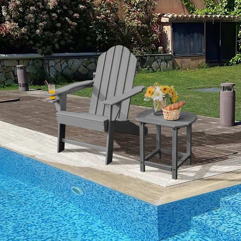 Gray Plastic Folding Adirondack Chair with Built-In Cup Holder
