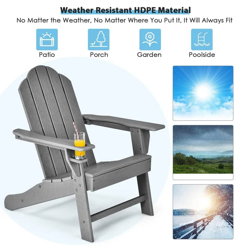 Gray Plastic Folding Adirondack Chair with Built-In Cup Holder