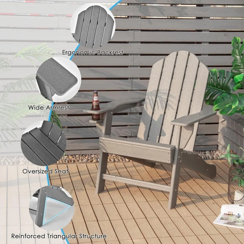 Gray Plastic Folding Adirondack Chair with Built-In Cup Holder