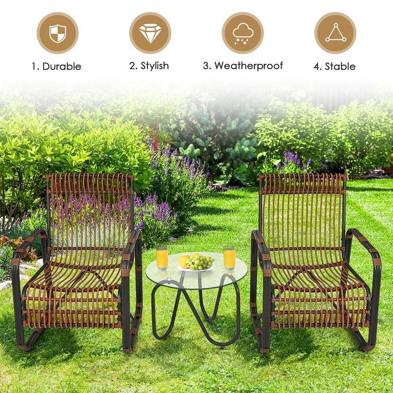 Brown 3-Piece Wicker Outdoor Bistro Set with Glass Table