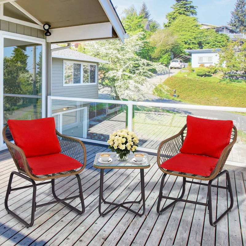 Brown 3-Piece Wicker Outdoor Bistro Set with Red Cushions