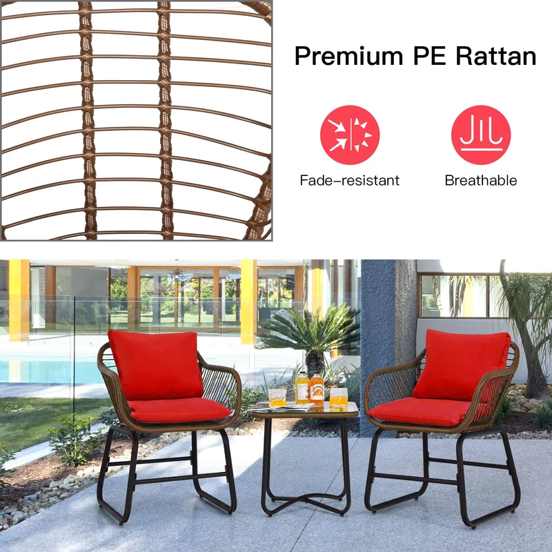 Brown 3-Piece Wicker Outdoor Bistro Set with Red Cushions
