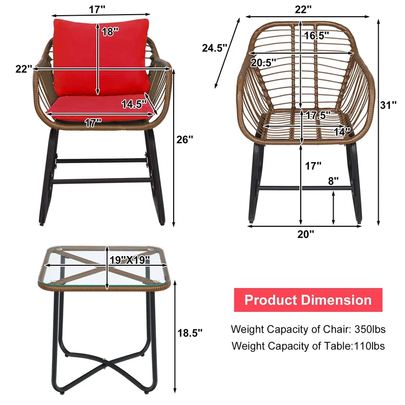 Brown 3-Piece Wicker Outdoor Bistro Set with Red Cushions