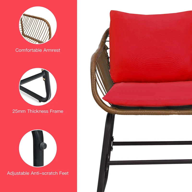 Brown 3-Piece Wicker Outdoor Bistro Set with Red Cushions