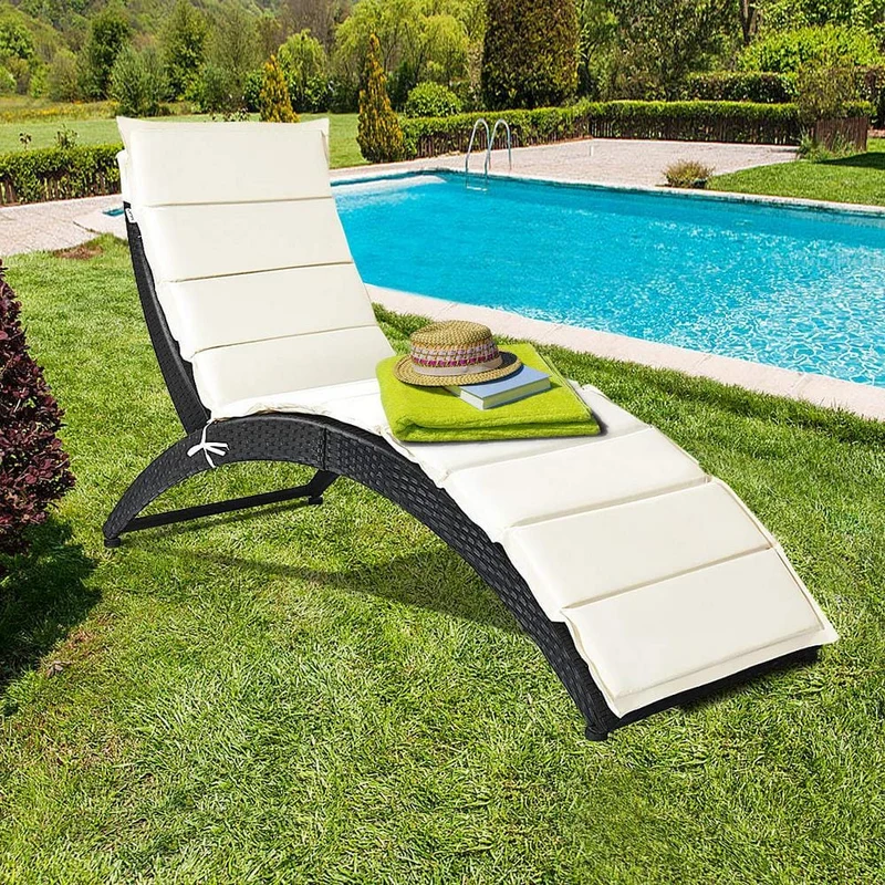 Black Wicker Folding Outdoor Patio Chaise Lounge with White Cushion