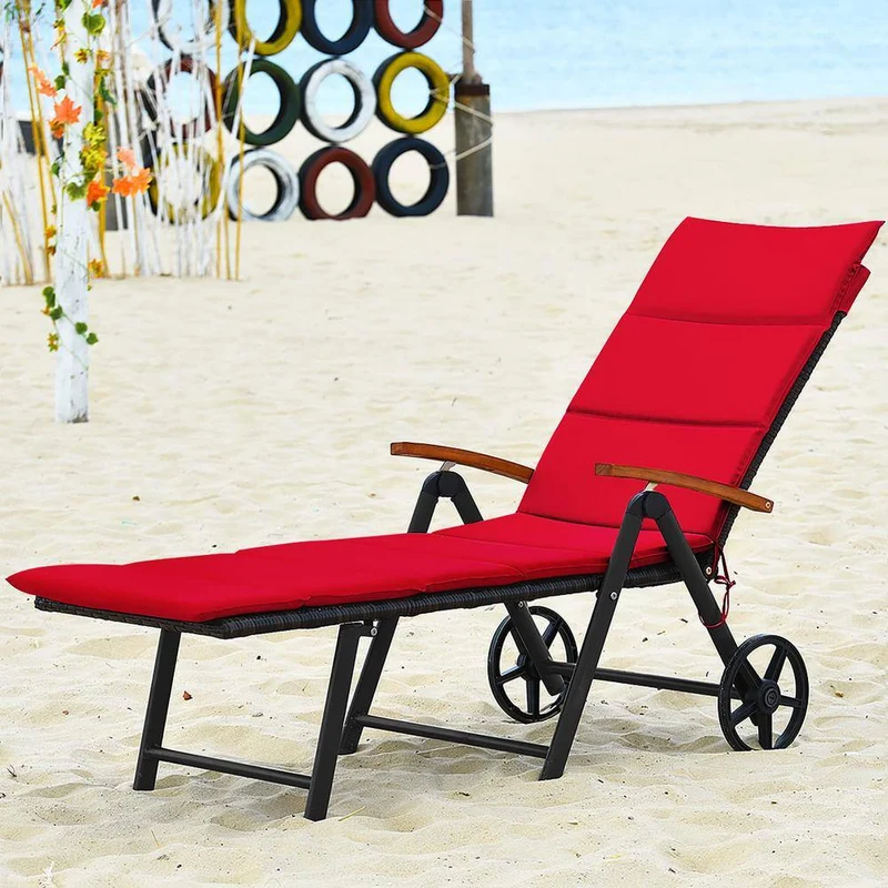 Brown Metal Folding Outdoor Patio Chaise Lounge with Wheels and Red Cushion