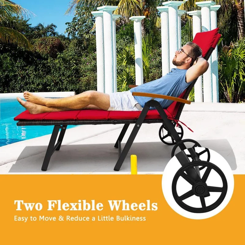 Brown Metal Folding Outdoor Patio Chaise Lounge with Wheels and Red Cushion